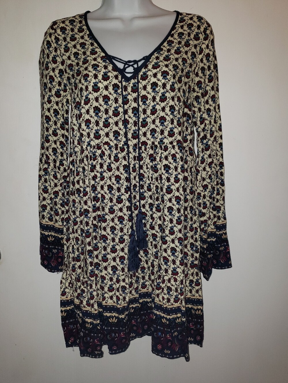 En Creme Floral Lace-Up Tassel Babydoll Dress Long Sleeve with Navy Border Trim